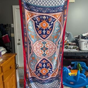 Silk-Feel Decorative Long Scarf in Navy & Coral